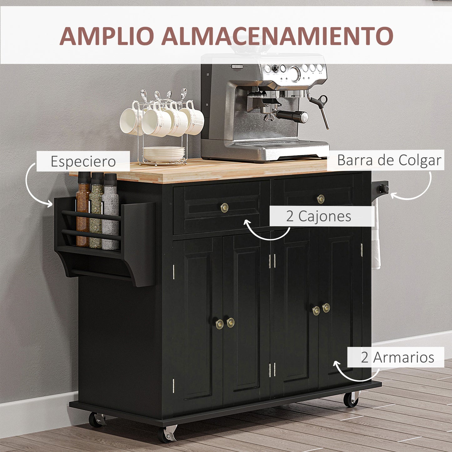 HOMCOM Isla de Cocina con Ruedas Carro de Cocina Mueble Auxiliar de Cocina con 2 Cajones 4 Puertas Especiero y Barra Lateral para Comedor 111x44,5x82,5 cm Negro