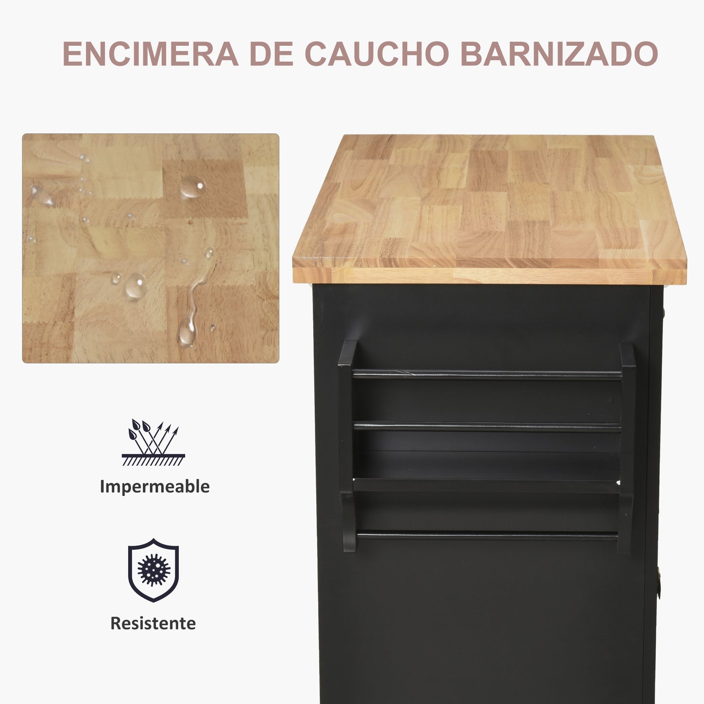 HOMCOM Isla de Cocina con Ruedas Carro de Cocina Mueble Auxiliar de Cocina con 2 Cajones 4 Puertas Especiero y Barra Lateral para Comedor 111x44,5x82,5 cm Negro