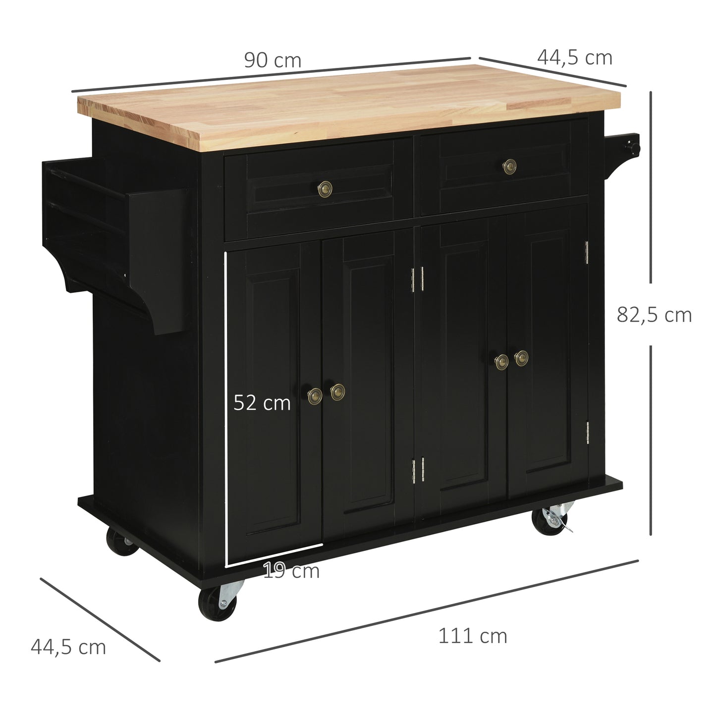 HOMCOM Isla de Cocina con Ruedas Carro de Cocina Mueble Auxiliar de Cocina con 2 Cajones 4 Puertas Especiero y Barra Lateral para Comedor 111x44,5x82,5 cm Negro