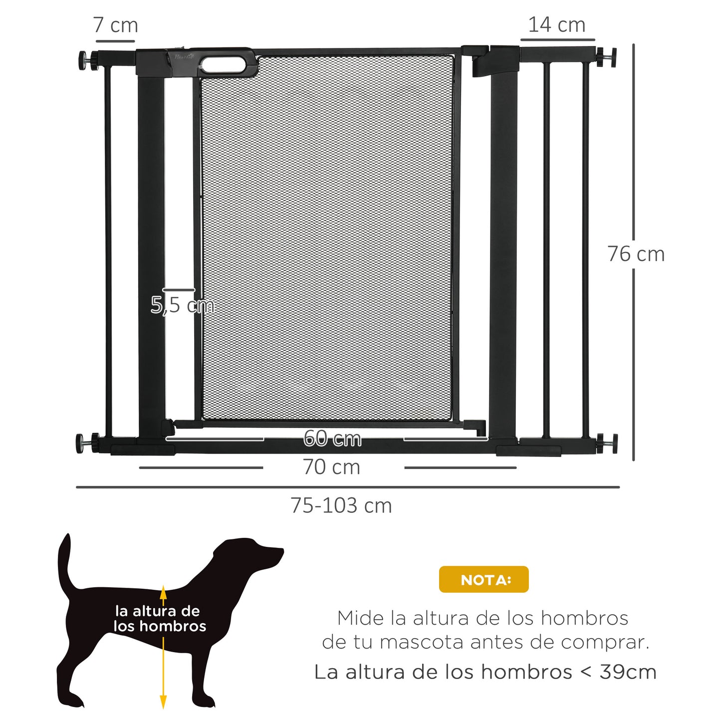 PawHut Barrera de Seguridad para Perros Extensible 75-103 cm Barrera para Escalera Puerta con 2 Extensiones Doble Bloqueo Cierre Automático Negro