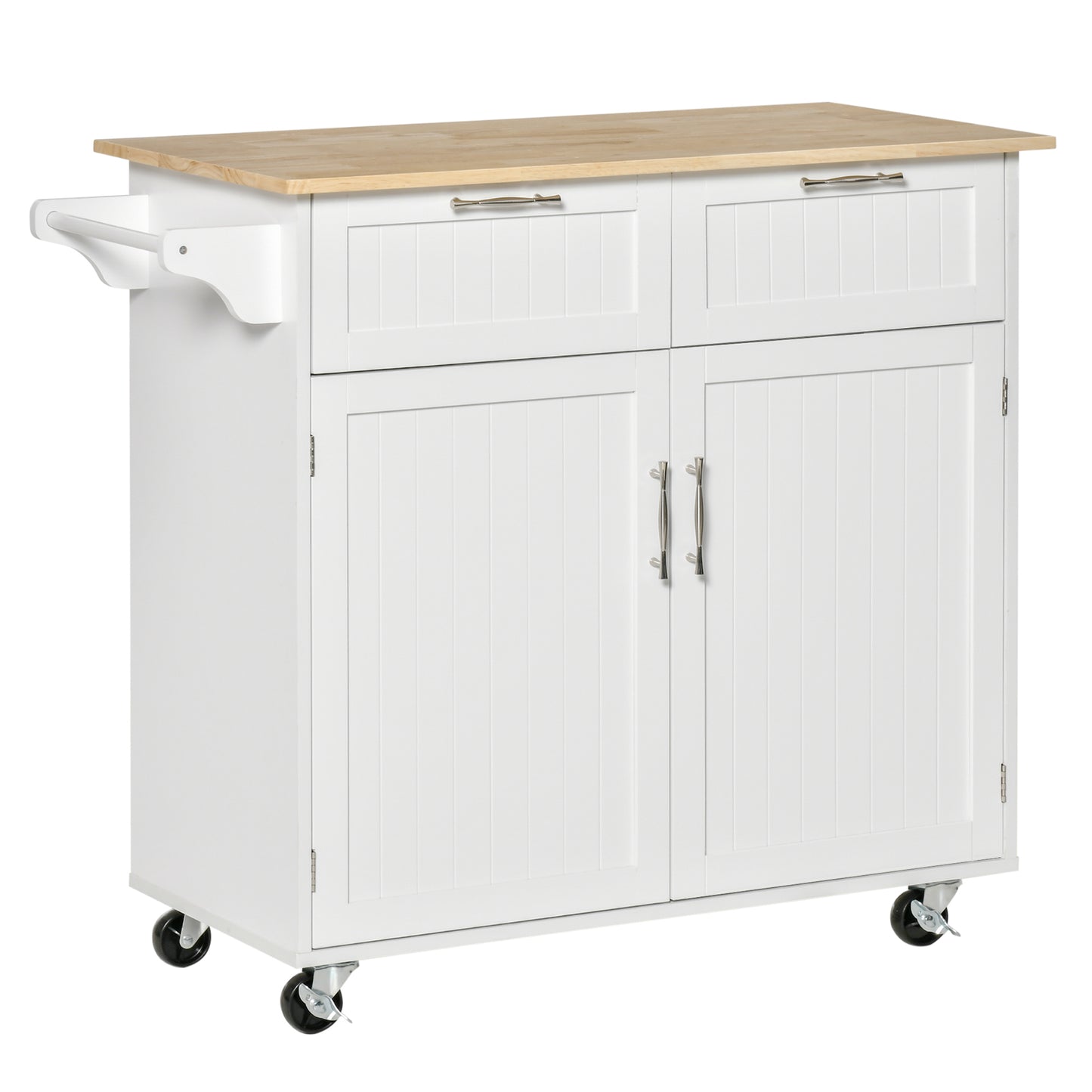 HOMCOM Carro de Cocina con Ruedas Mueble Auxiliar de Cocina con 2 Cajones 2 Puertas Estante Ajustable y Toallero para Comedor Salón 104x46x91 cm Blanco