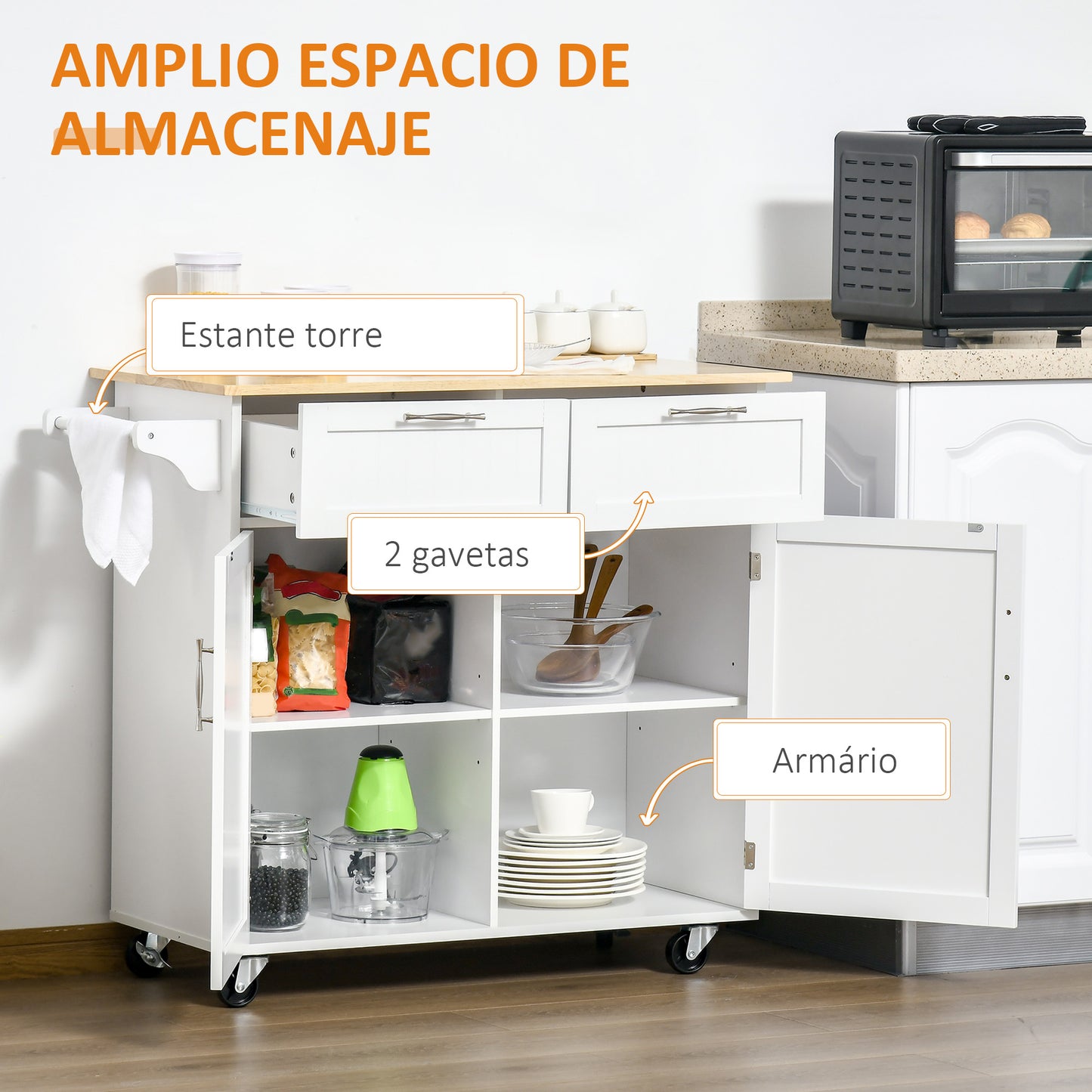 HOMCOM Carro de Cocina con Ruedas Mueble Auxiliar de Cocina con 2 Cajones 2 Puertas Estante Ajustable y Toallero para Comedor Salón 104x46x91 cm Blanco