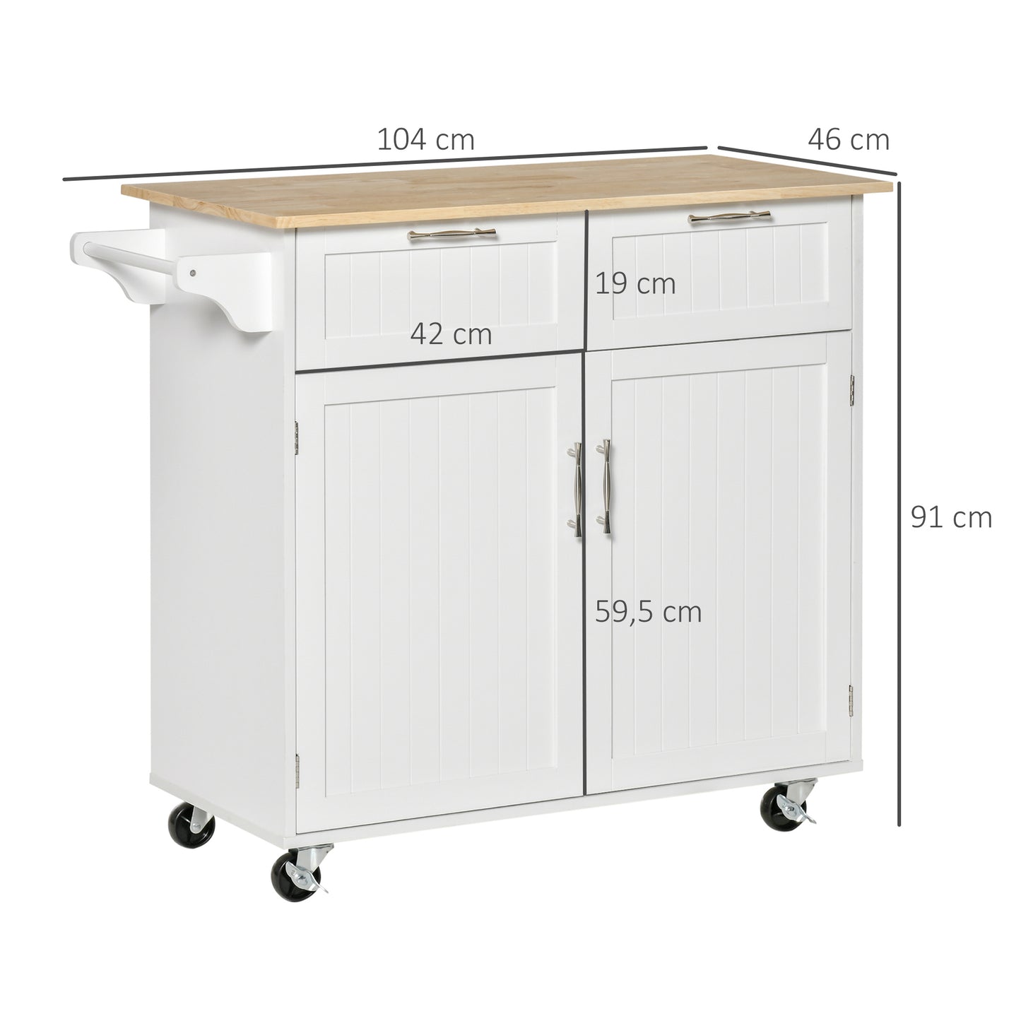 HOMCOM Carro de Cocina con Ruedas Mueble Auxiliar de Cocina con 2 Cajones 2 Puertas Estante Ajustable y Toallero para Comedor Salón 104x46x91 cm Blanco