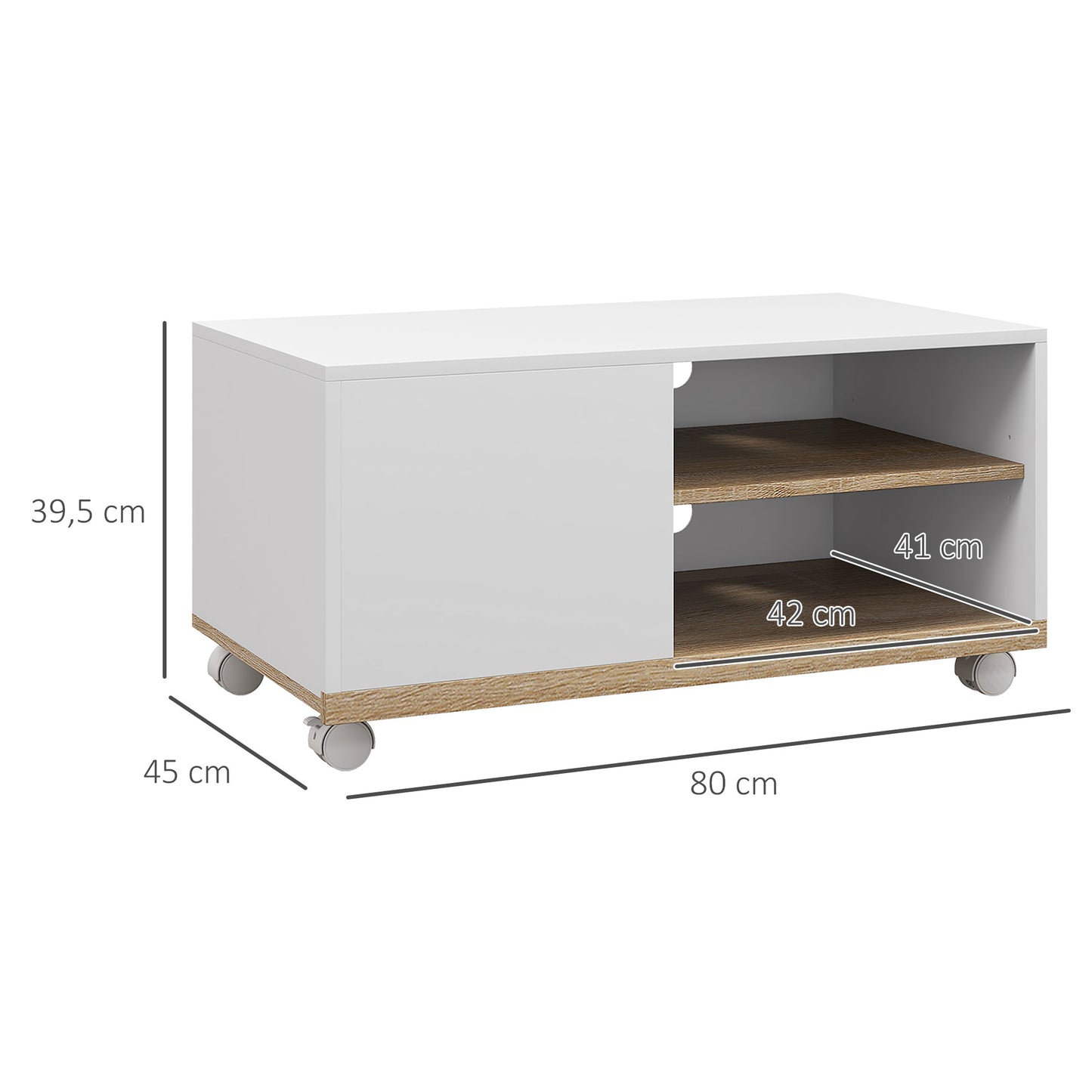 HOMCOM Mueble TV de Salón Moderno con Ruedas Mesa para Televisores de 42 Pulgadas Módulo TV con 1 Puerta y 2 Estantes de Almacenamiento 80x45x39,5 cm Blanco