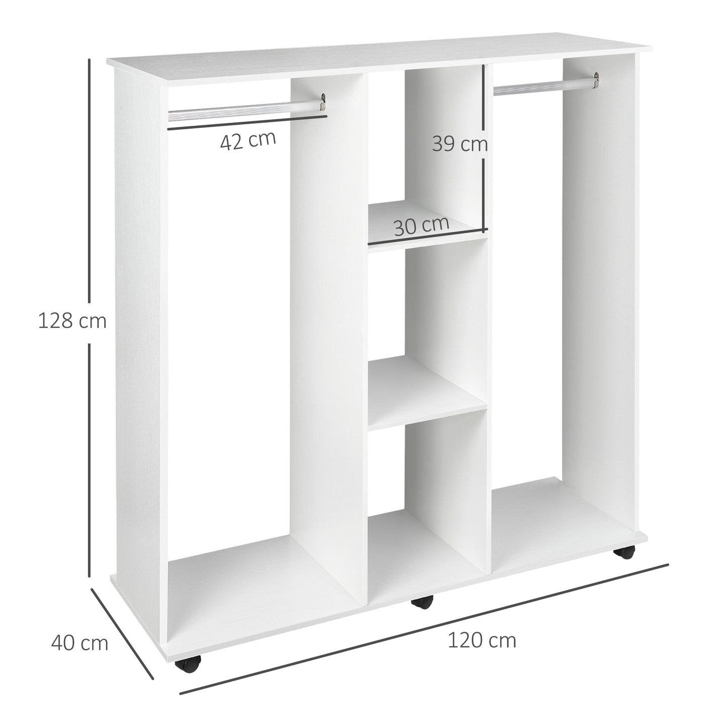 HOMCOM Armario Ropero con Ruedas Armario para Ropa con Barra Estantes Abiertos Organizador para Colgar Ropa de Dormitorio 120x40x128 cm Blanco