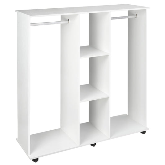 HOMCOM Armario Ropero con Ruedas Armario para Ropa con Barra Estantes Abiertos Organizador para Colgar Ropa de Dormitorio 120x40x128 cm Blanco