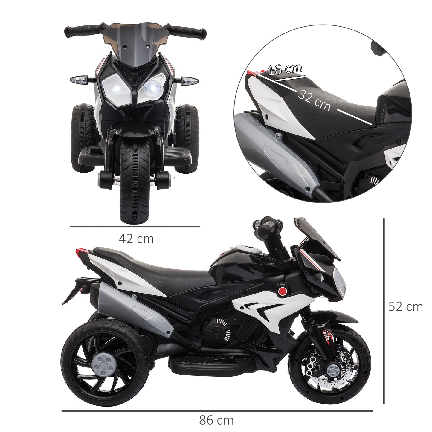 HOMCOM Moto Eléctrica Infantil con 3 Ruedas Trimoto para Niños de +3 Años con Batería 6V Recargable Funciones de Música Bocina Faros 86x42x52 cm Negro y Blanco