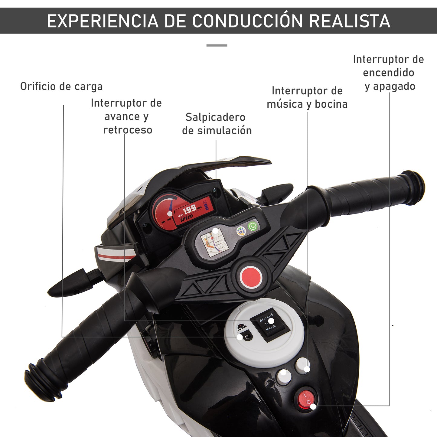 HOMCOM Moto Eléctrica Infantil con 3 Ruedas Trimoto para Niños de +3 Años con Batería 6V Recargable Funciones de Música Bocina Faros 86x42x52 cm Negro y Blanco