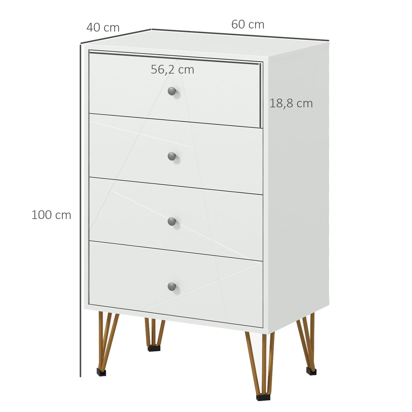 HOMCOM Cómoda de Dormitorio Moderna Cómoda de Madera con 4 Cajones y Patas Metálicas Mueble Cajonera para Salón Oficina 60x40x100 cm Blanco