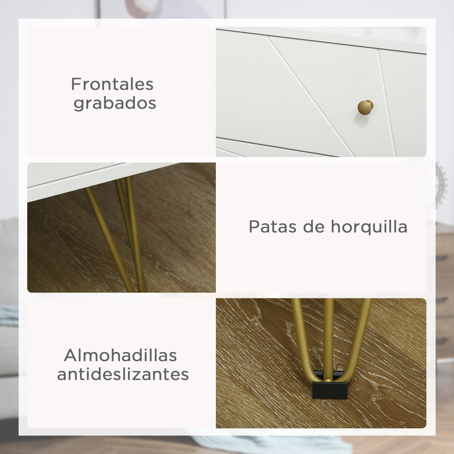 HOMCOM Cómoda de Dormitorio Moderna Cómoda de Madera con 4 Cajones y Patas Metálicas Mueble Cajonera para Salón Oficina 60x40x100 cm Blanco