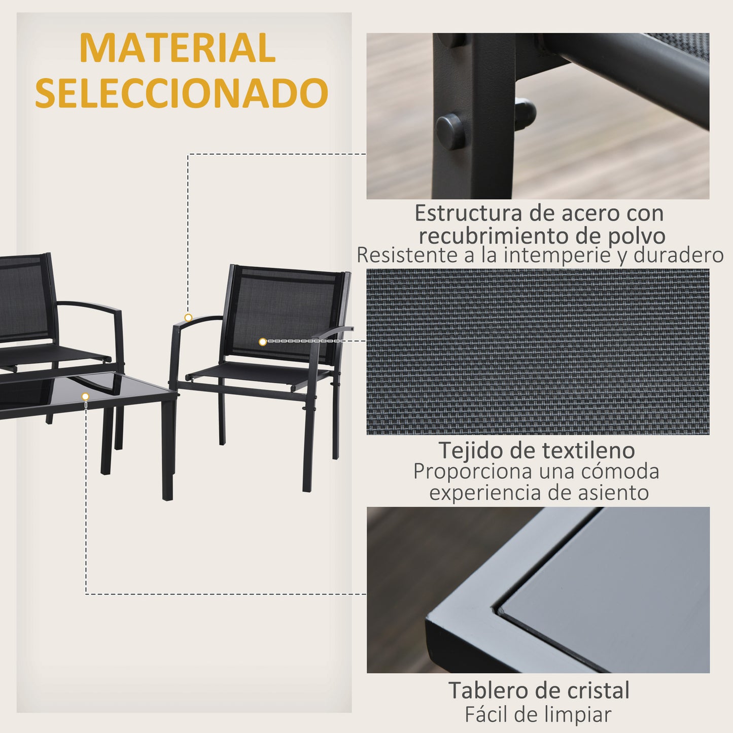 Outsunny Conjunto de Jardín Exterior 4 Piezas Muebles Jardín Exterior con 2 Sillones 1 Sofá de 2 Plazas y Mesa de Centro con Tablero de Vidrio Templado Negro