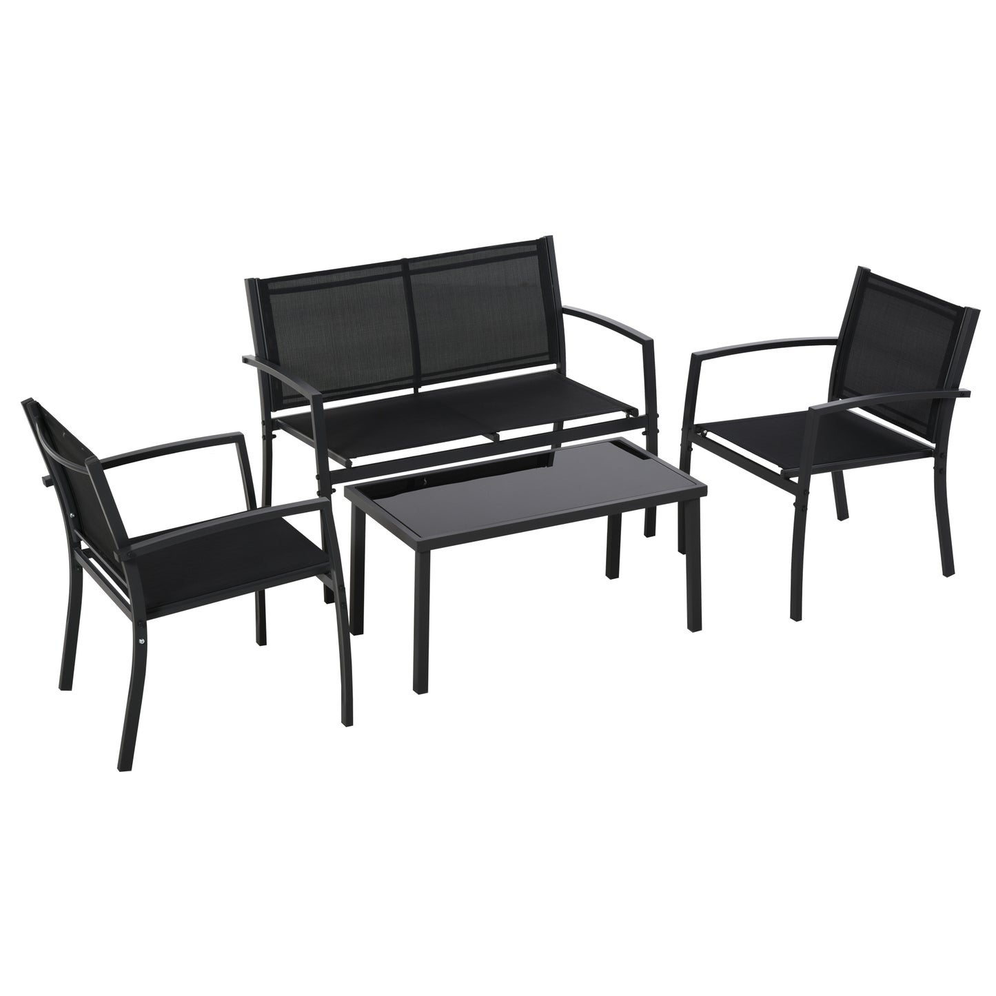 Outsunny Conjunto de Jardín Exterior 4 Piezas Muebles Jardín Exterior con 2 Sillones 1 Sofá de 2 Plazas y Mesa de Centro con Tablero de Vidrio Templado Negro