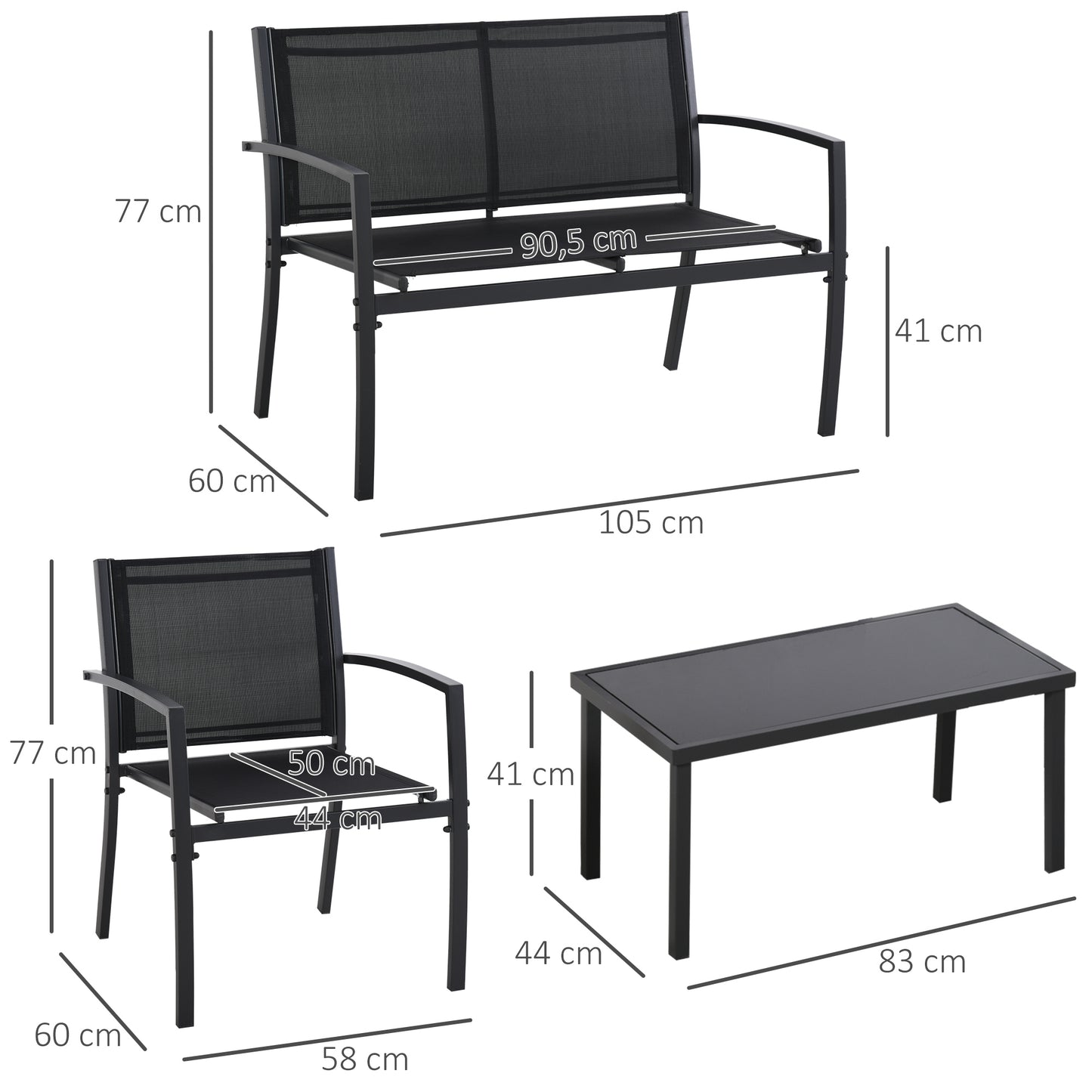 Outsunny Conjunto de Jardín Exterior 4 Piezas Muebles Jardín Exterior con 2 Sillones 1 Sofá de 2 Plazas y Mesa de Centro con Tablero de Vidrio Templado Negro