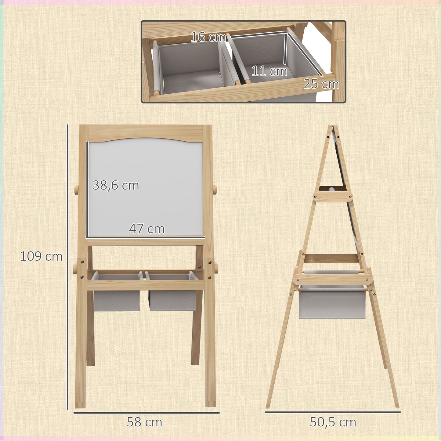 AIYAPLAY Caballete para Niños 3 en 1 Pizarra Caballete de Doble Cara Pizarra Blanca Caballete de Madera para Dibujo con Rollo de Papel y 2 Cestas 58x50,5x109 cm Natural