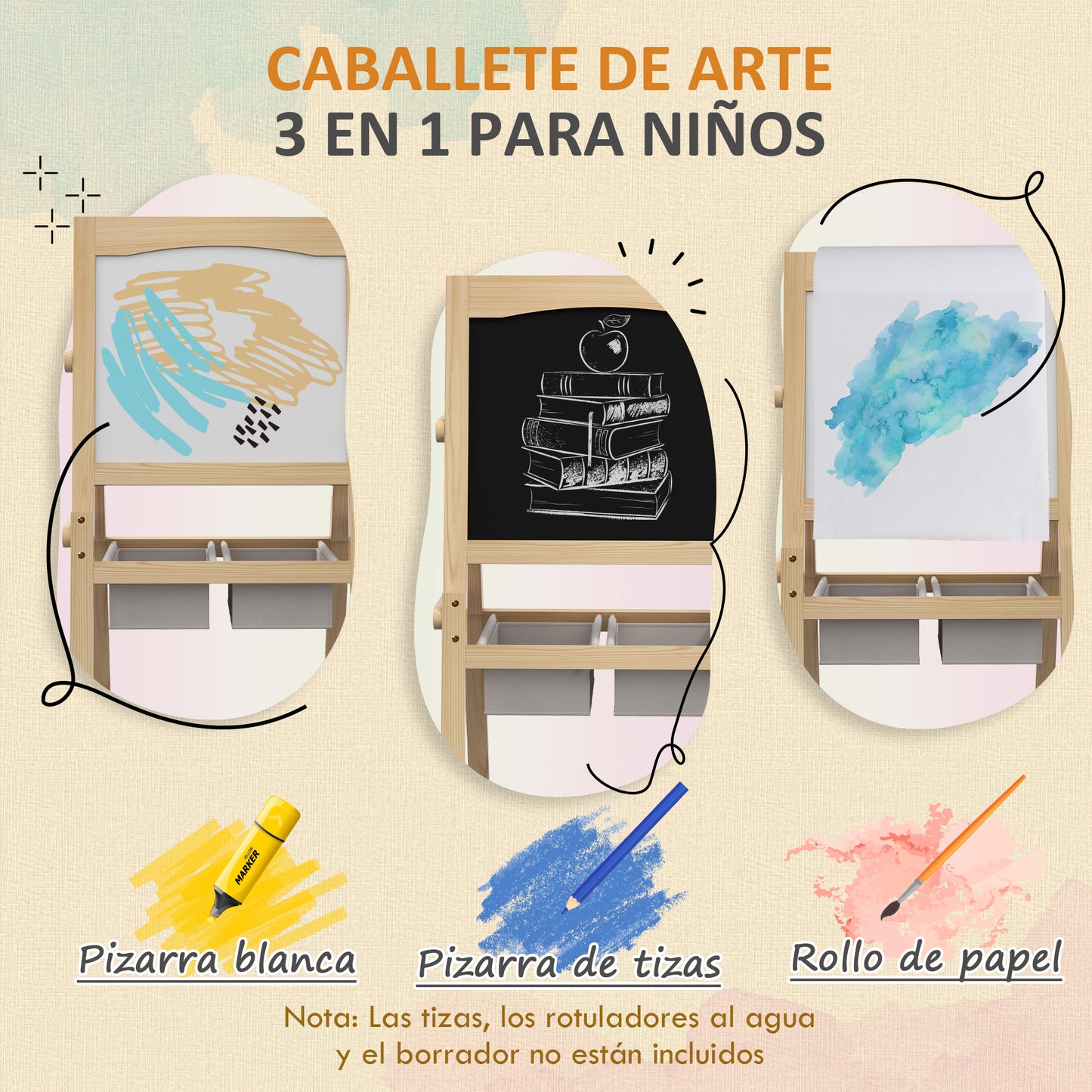 AIYAPLAY Caballete para Niños 3 en 1 Pizarra Caballete de Doble Cara Pizarra Blanca Caballete de Madera para Dibujo con Rollo de Papel y 2 Cestas 58x50,5x109 cm Natural