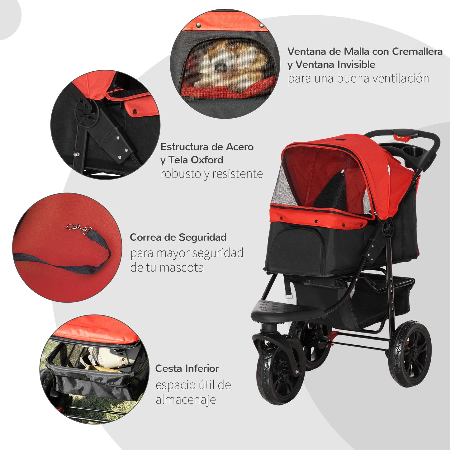 PawHut Carrito para Perros Plegable Cochecito para Mascotas Carrito para Perros Pequeños con 3 Ruedas Ventanas de Malla Cesta de Almacenaje y Correas de Seguridad 109,5x57,5x106,5 cm Rojo