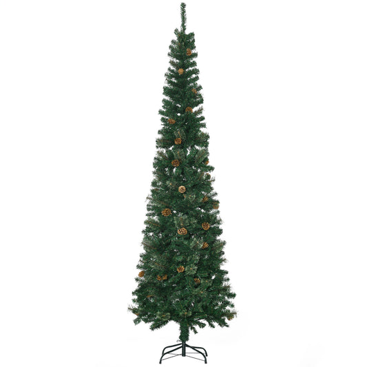 HOMCOM Árbol de Navidad Grande 225 cm Árbol de Navideño de 706 Ramas Árbol de Navidad Estrecho Forma de Lápiz con 56 Piñas Base Plegable Verde