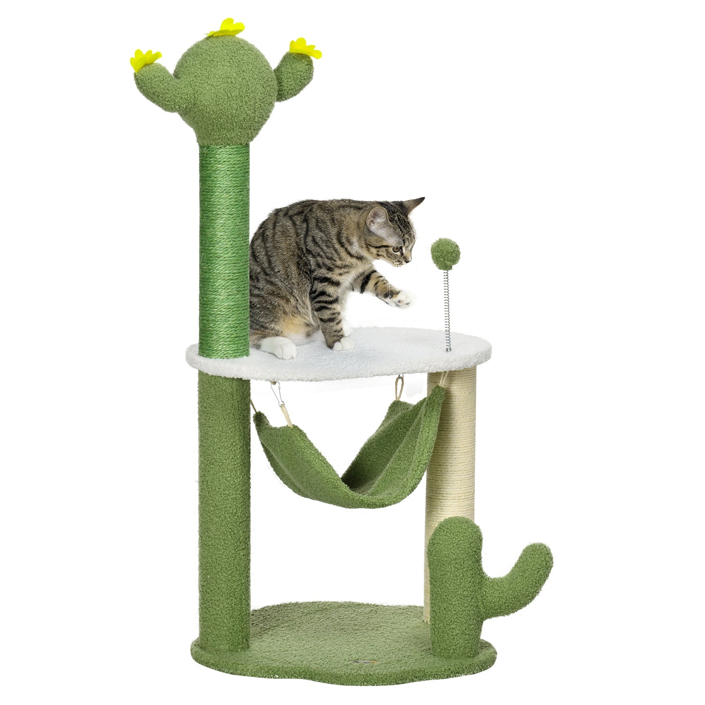 PawHut Árbol Rascador para Gatos con Forma de Cactus Altura 90 cm Torre para Gatos con Hamaca Plataforma Postes de Sisal y Bola Divertida 45x45x90 cm Verde