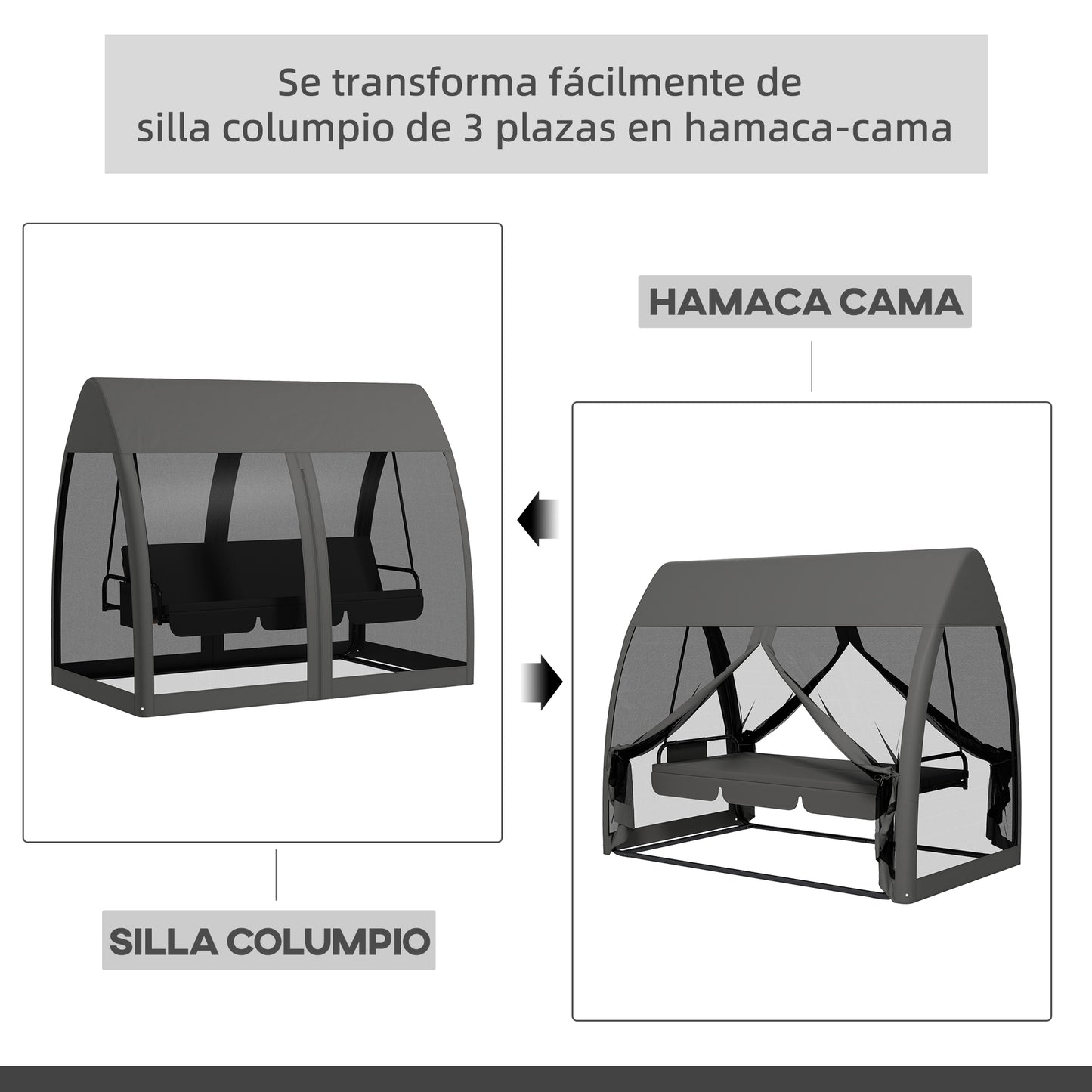 Outsunny Balancín de Jardín de 3 Plazas Convertible en Cama Columpio Jardín Exterior con Mosquitera Estructura de Metal Carga 300 kg 240x140x197 cm Gris