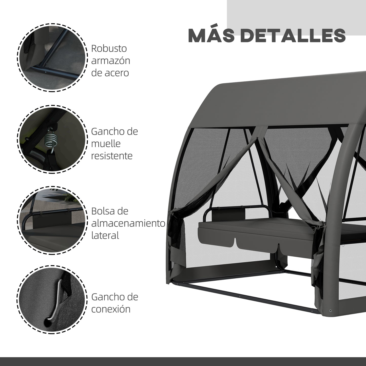 Outsunny Balancín de Jardín de 3 Plazas Convertible en Cama Columpio Jardín Exterior con Mosquitera Estructura de Metal Carga 300 kg 240x140x197 cm Gris