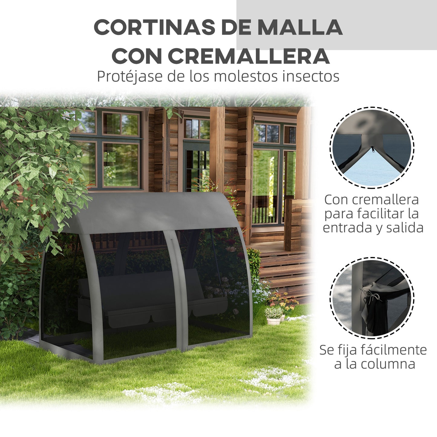 Outsunny Balancín de Jardín de 3 Plazas Convertible en Cama Columpio Jardín Exterior con Mosquitera Estructura de Metal Carga 300 kg 240x140x197 cm Gris