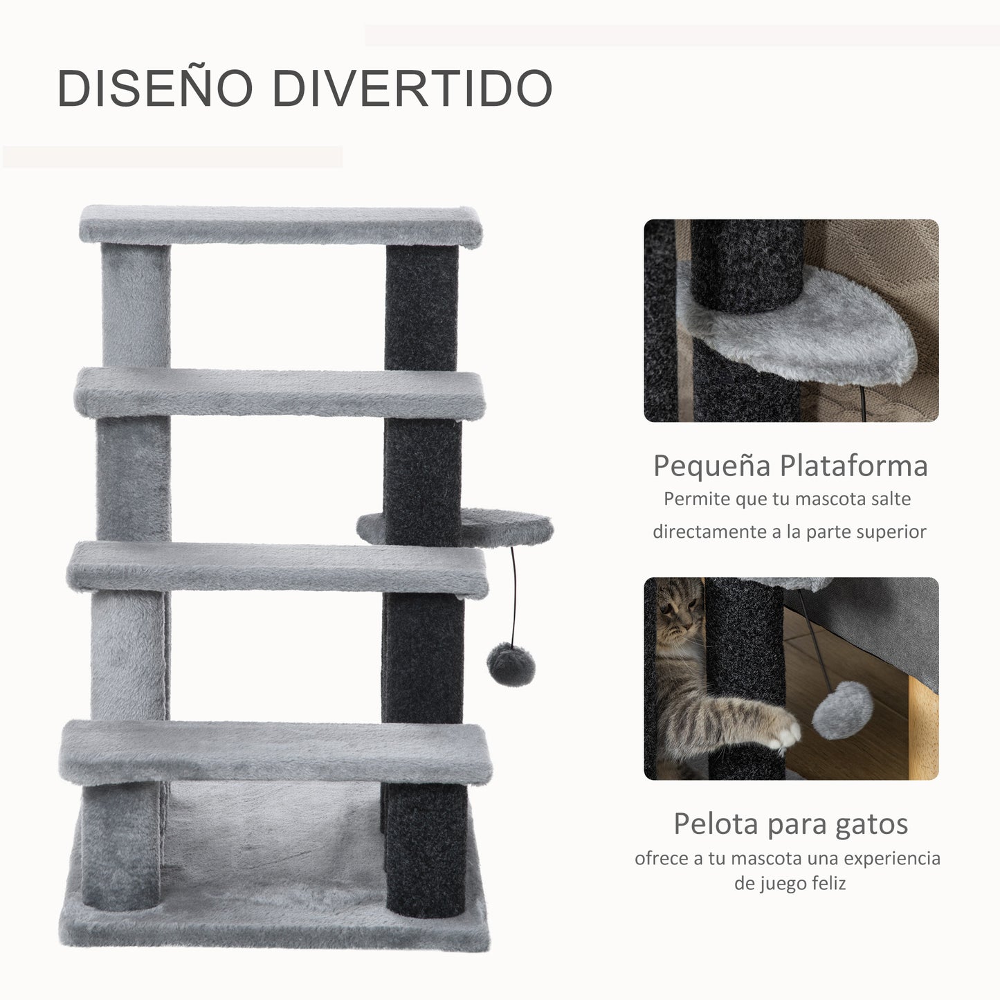 PawHut Escaleras para Gatos de 4 Escalones Escaleras para Mascotas Árbol Rascador para Gatos Pequeño con Poste Rascador Bola Colgante 60x40x64 cm Gris