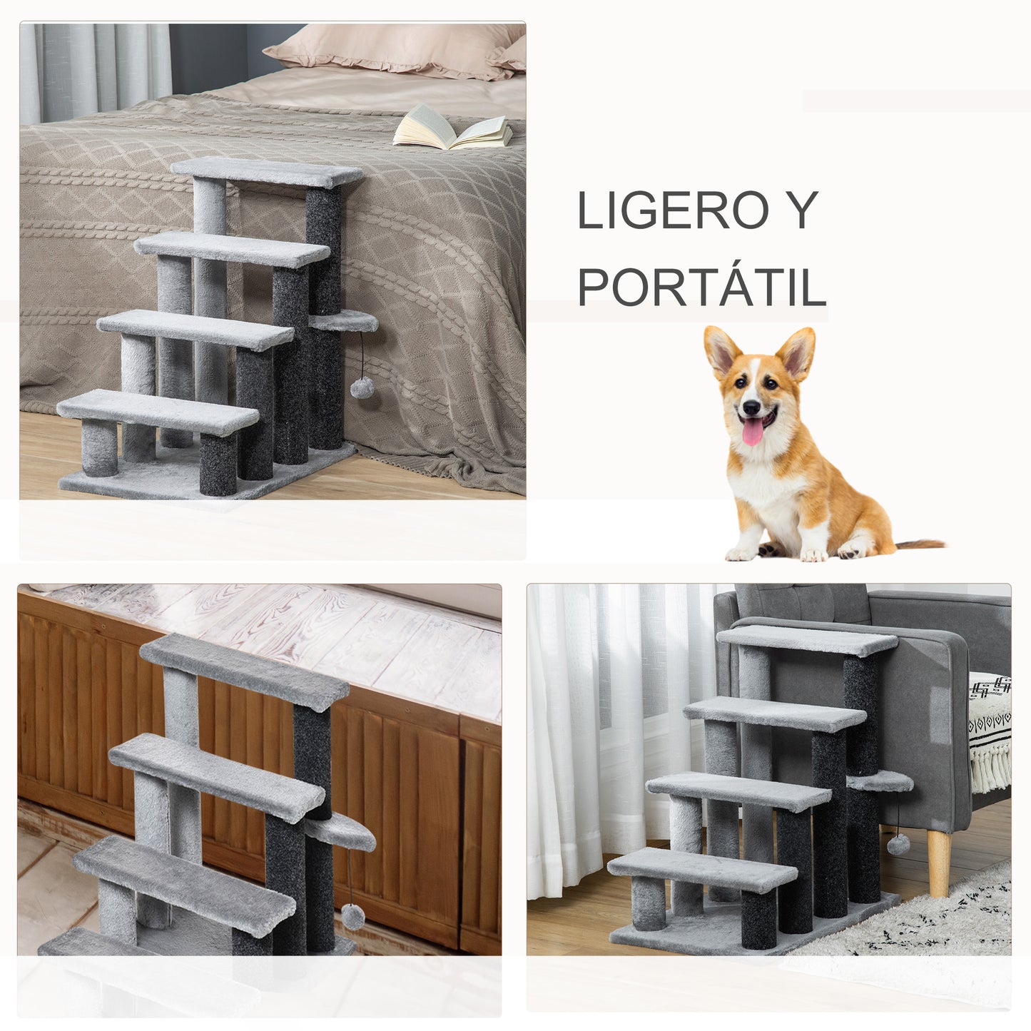 PawHut Escaleras para Gatos de 4 Escalones Escaleras para Mascotas Árbol Rascador para Gatos Pequeño con Poste Rascador Bola Colgante 60x40x64 cm Gris