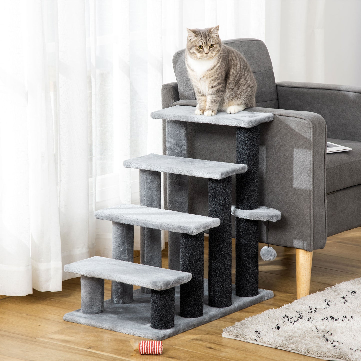 PawHut Escaleras para Gatos de 4 Escalones Escaleras para Mascotas Árbol Rascador para Gatos Pequeño con Poste Rascador Bola Colgante 60x40x64 cm Gris