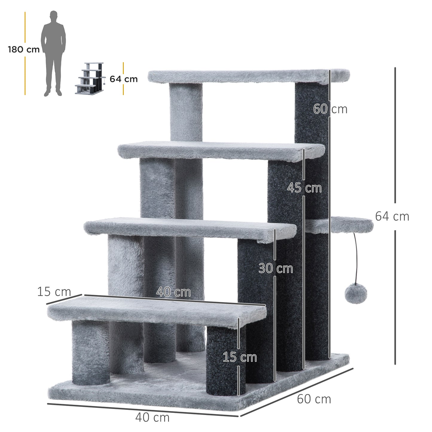 PawHut Escaleras para Gatos de 4 Escalones Escaleras para Mascotas Árbol Rascador para Gatos Pequeño con Poste Rascador Bola Colgante 60x40x64 cm Gris