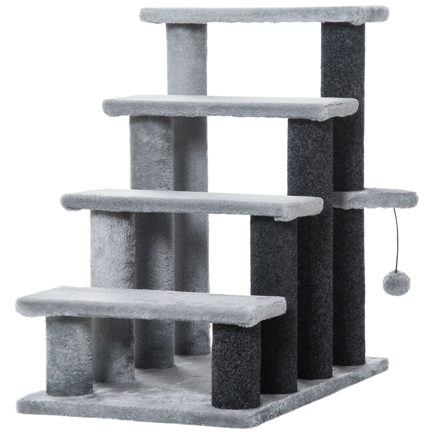 PawHut Escaleras para Gatos de 4 Escalones Escaleras para Mascotas Árbol Rascador para Gatos Pequeño con Poste Rascador Bola Colgante 60x40x64 cm Gris