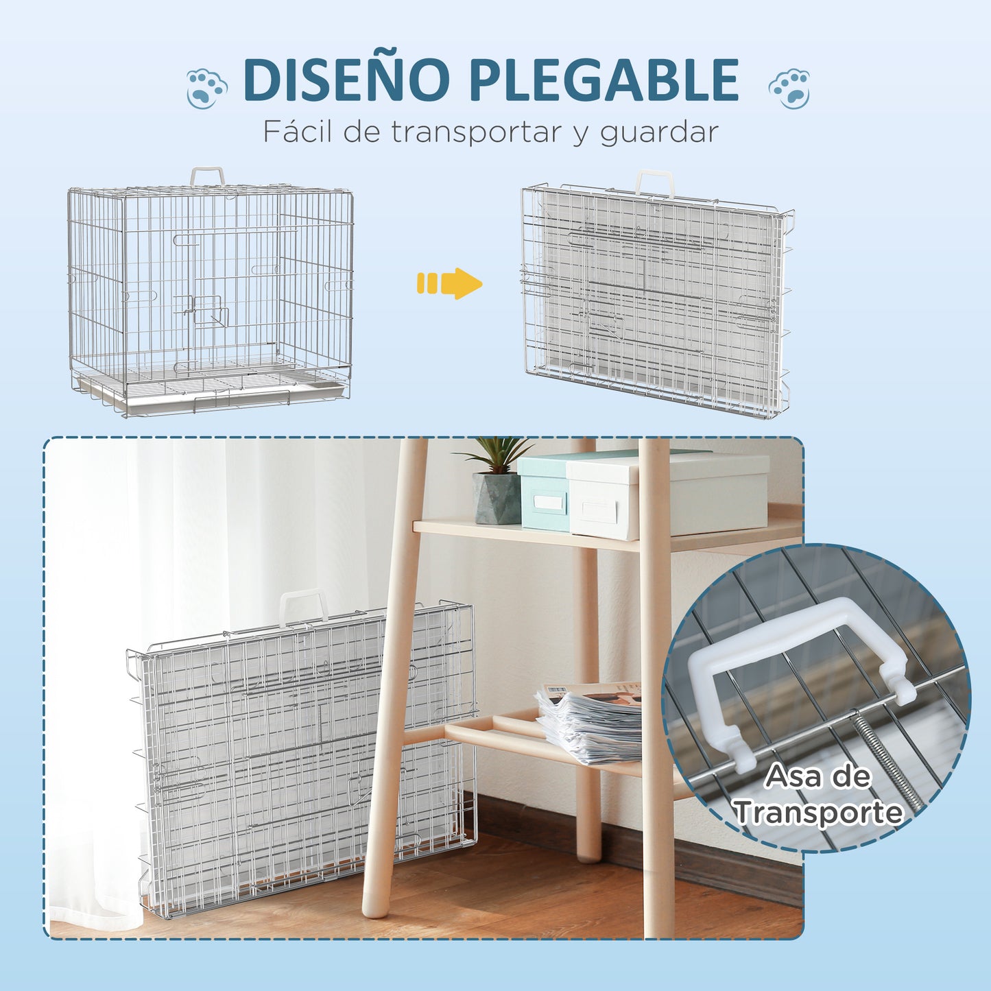 PawHut Jaula Plegable para Perros Perrera Metálica 61x43x50 cm Jaula Metálica para Perros con Bandeja Extraíble y 2 Puertas con Pestillo Blanco