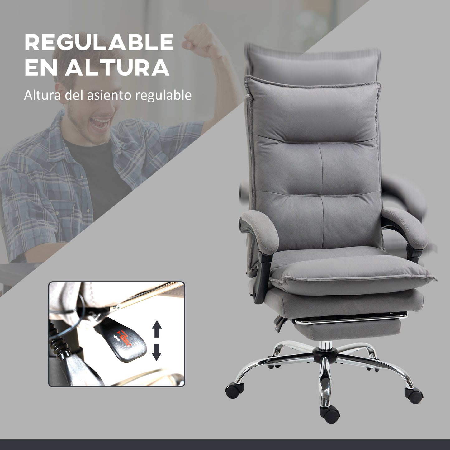 Vinsetto Silla de Masaje con 6 Puntos de Masaje y 5 Modos Silla de Escritorio Reclinable con Función de Calefacción Altura Ajustable Reposapiés y Ruedas para Estudio 66x74x114-121,5 cm Gris