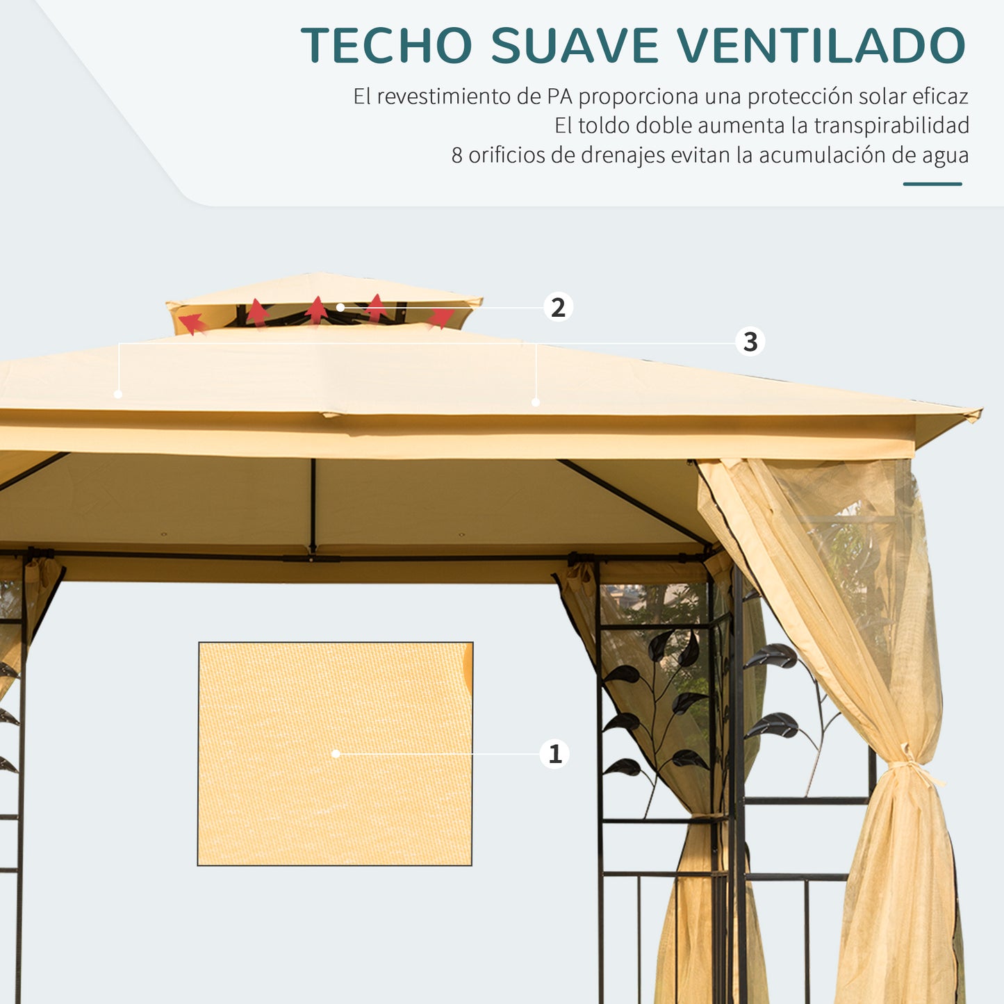 Outsunny Cenador de Jardín 3x3x2,8 m Gazebo Carpas para Exterior Grandes con Doble Techo Mosquiteras y Marco de Acero para Patio Fiesta Beige