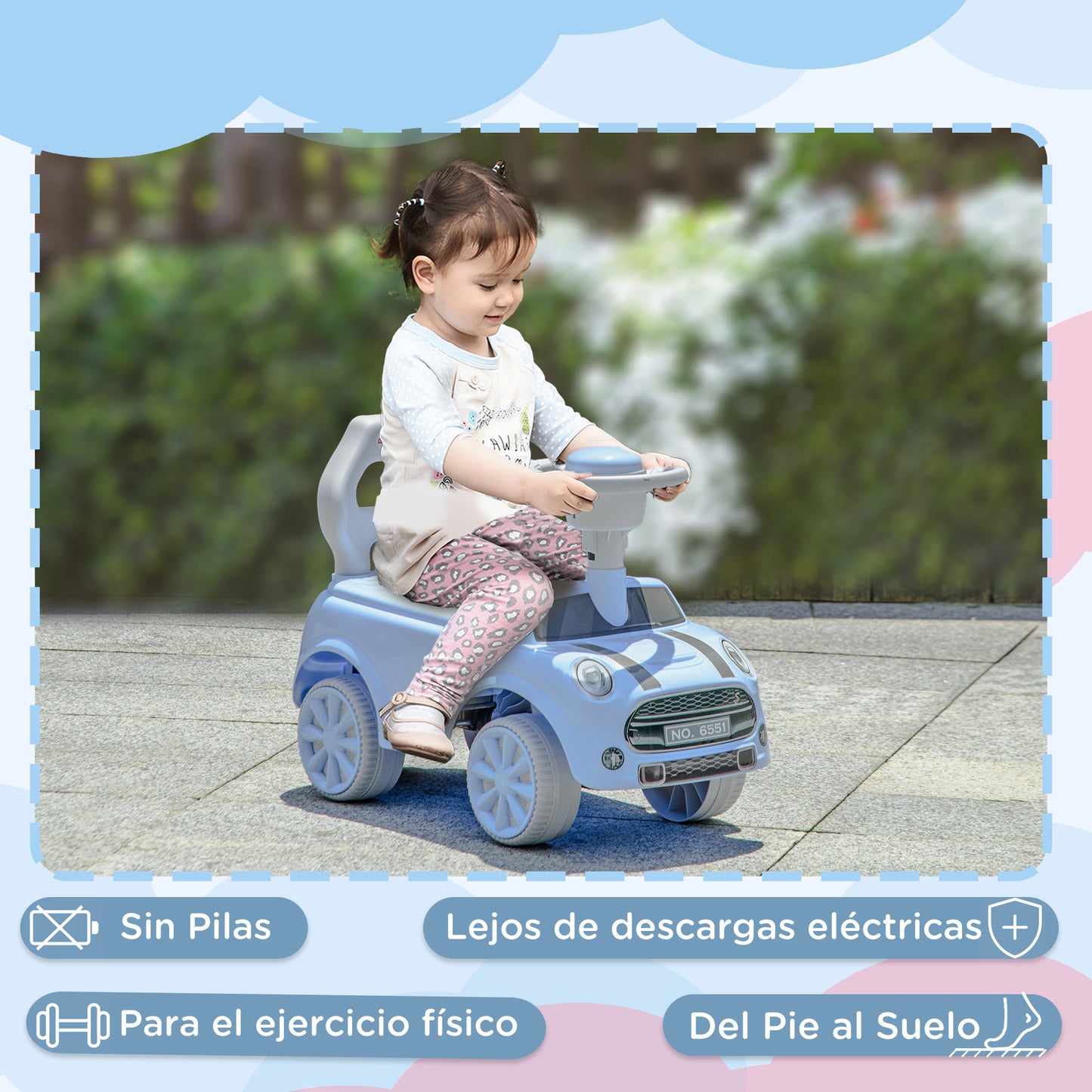 AIYAPLAY Correpasillos para Bebés de 18 a 36 Meses Coche Correpasillos con Volante Bocina y Sistema de Antivuelco Carga 25 kg 53x25x35 cm Azul Claro