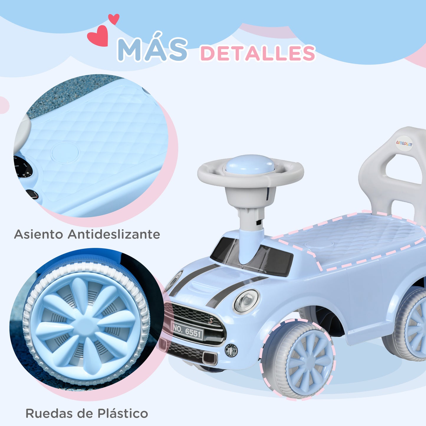 AIYAPLAY Correpasillos para Bebés de 18 a 36 Meses Coche Correpasillos con Volante Bocina y Sistema de Antivuelco Carga 25 kg 53x25x35 cm Azul Claro