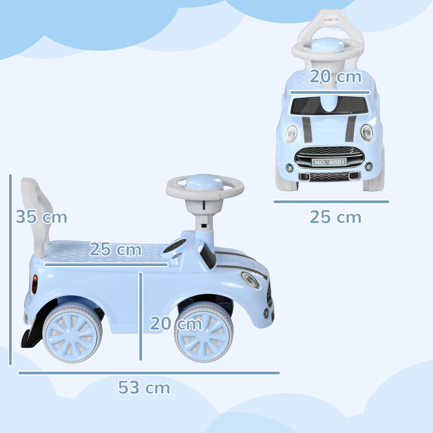 AIYAPLAY Correpasillos para Bebés de 18 a 36 Meses Coche Correpasillos con Volante Bocina y Sistema de Antivuelco Carga 25 kg 53x25x35 cm Azul Claro