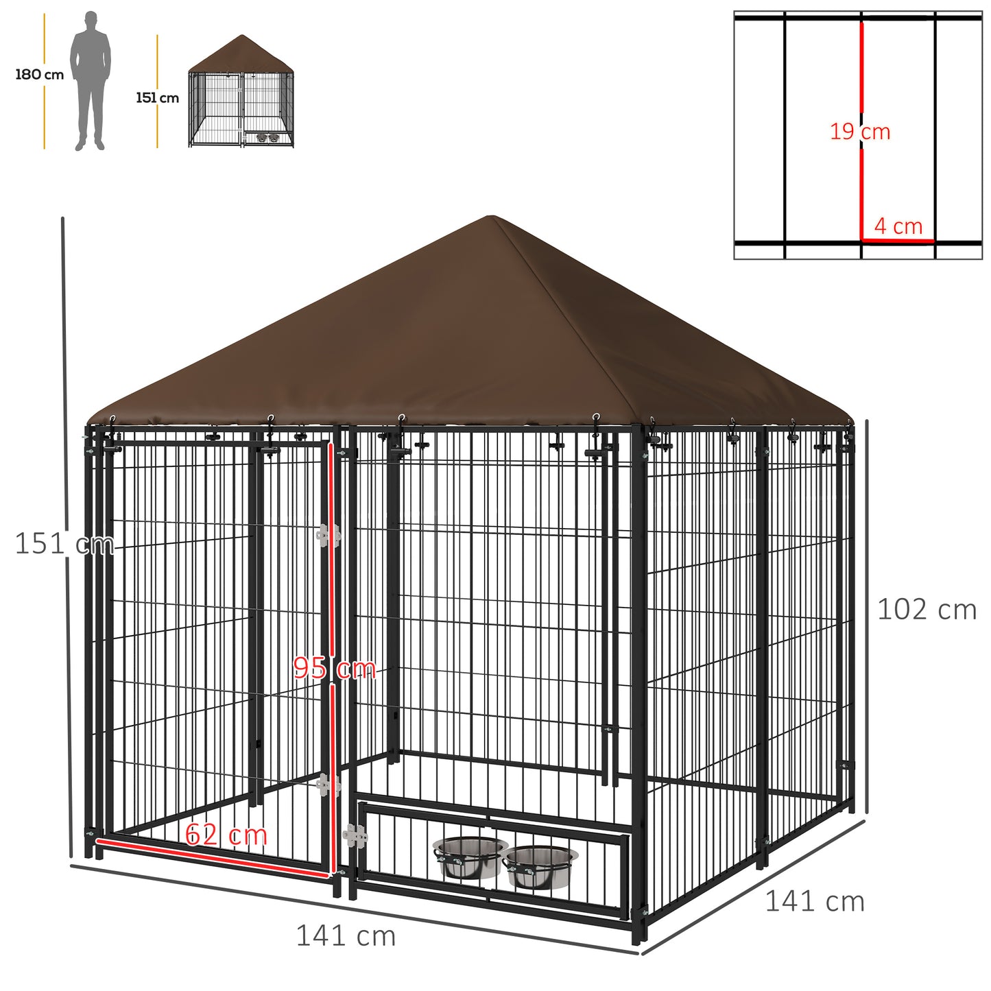 PawHut Perrera con Toldo Parque para Perros Metálica de Exterior con Soporte Giratorio para Comida 2 Cuencos para Patio Jardín Terraza 141x141x151 cm Negro