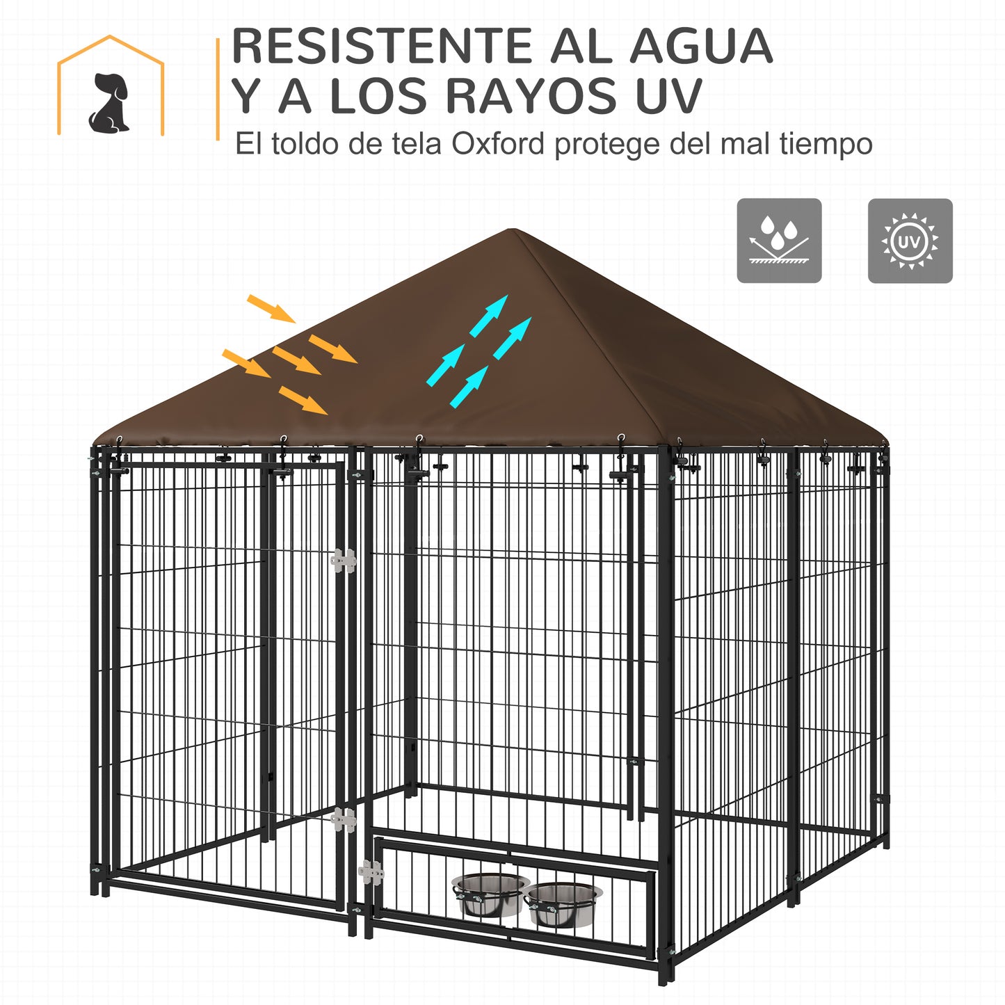 PawHut Perrera con Toldo Parque para Perros Metálica de Exterior con Soporte Giratorio para Comida 2 Cuencos para Patio Jardín Terraza 141x141x151 cm Negro