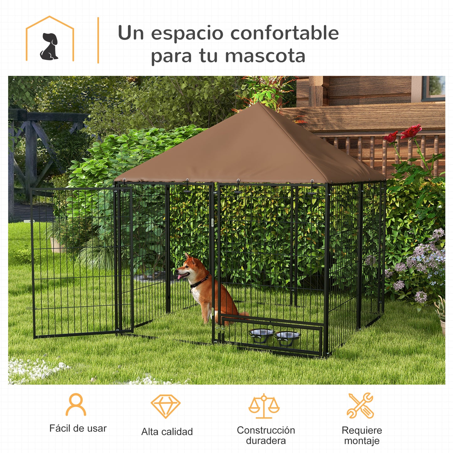 PawHut Perrera con Toldo Parque para Perros Metálica de Exterior con Soporte Giratorio para Comida 2 Cuencos para Patio Jardín Terraza 141x141x151 cm Negro