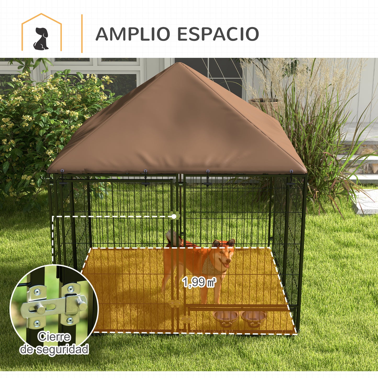 PawHut Perrera con Toldo Parque para Perros Metálica de Exterior con Soporte Giratorio para Comida 2 Cuencos para Patio Jardín Terraza 141x141x151 cm Negro