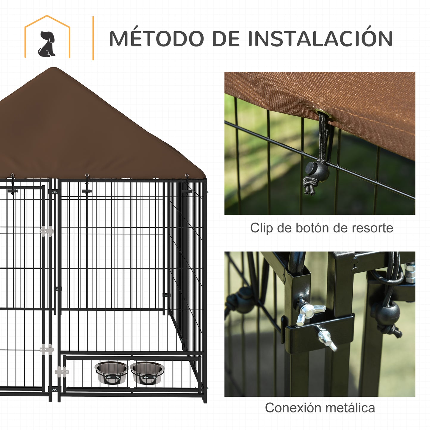 PawHut Perrera con Toldo Parque para Perros Metálica de Exterior con Soporte Giratorio para Comida 2 Cuencos para Patio Jardín Terraza 141x141x151 cm Negro