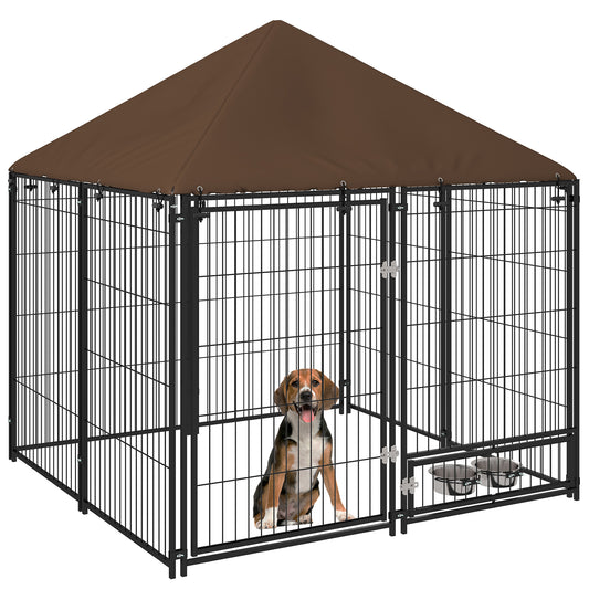 PawHut Perrera con Toldo Parque para Perros Metálica de Exterior con Soporte Giratorio para Comida 2 Cuencos para Patio Jardín Terraza 141x141x151 cm Negro