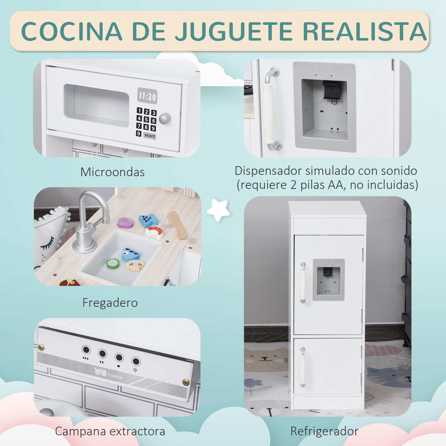 HOMCOM Cocina de Juguete de Madera para Niños de +3 Años con 14 Accesorios Separable Cocinita Infantil con Sonido Nevera Microondas Fregadero Campana 86x64x84,5 cm Blanco