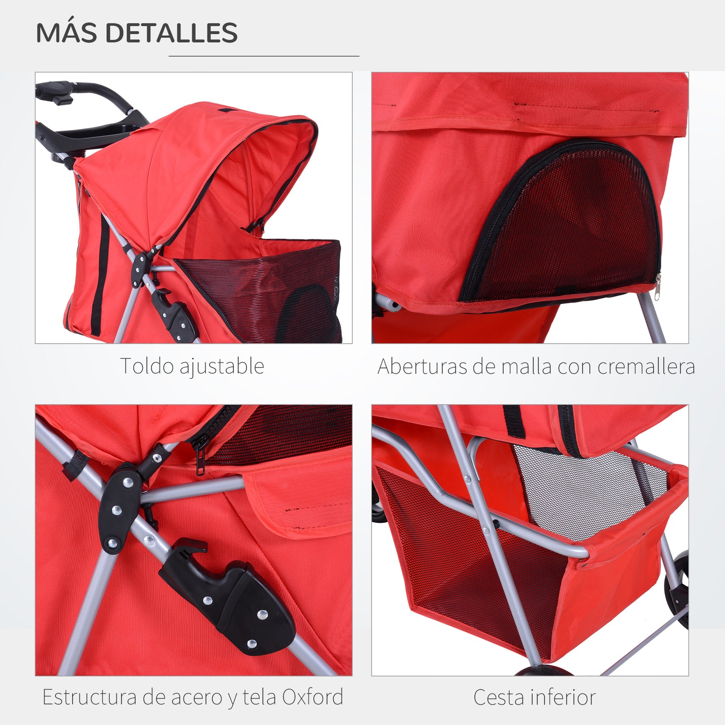 PawHut Carrito para Perros Plegable Cochecito para Mascotas Carrito para Perros Pequeños con Toldo Ajustable Cesta de Almacenaje 2 Ruedas Universales y Marco de Acero 75x46x94 cm Rojo