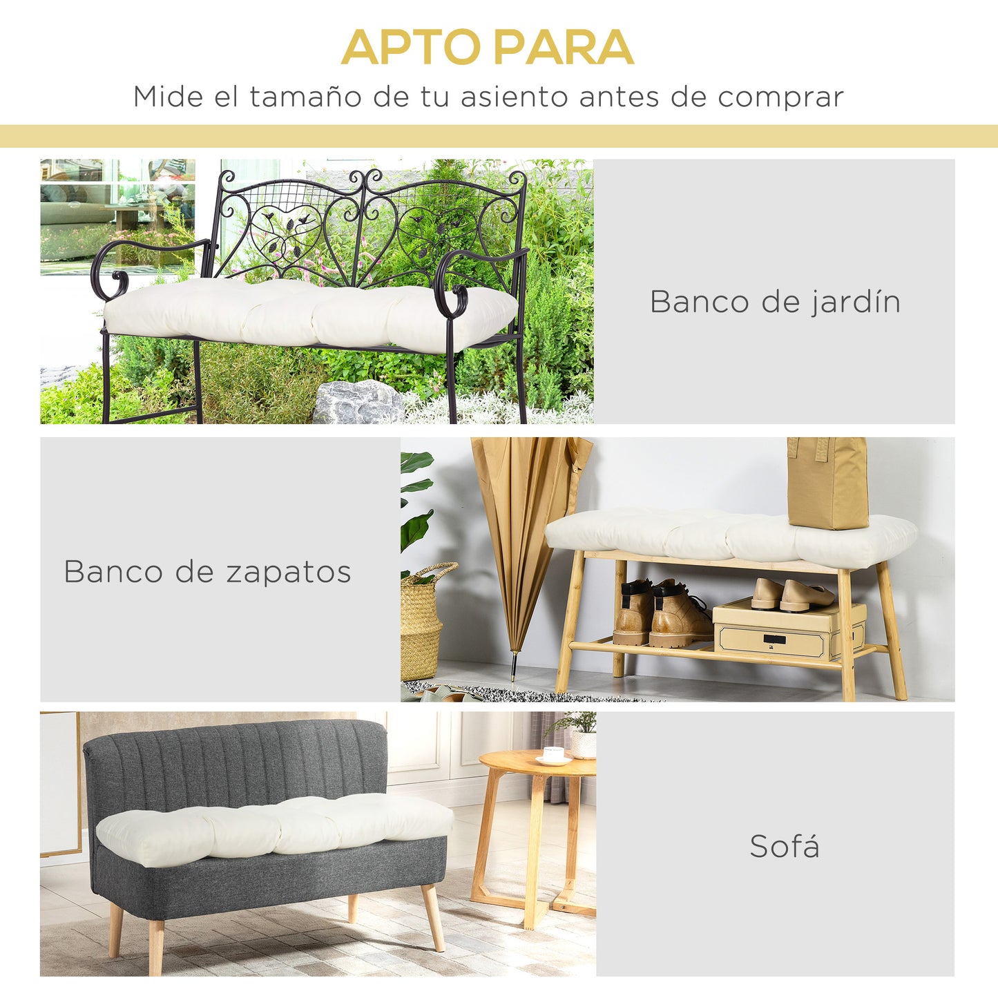 Outsunny Cojín para Banco de 2 Plazas 110x48x8 cm Cojín Rectangular para Interiores y Exteriores Lavable con 8 Puntadas y Asiento Cómodo para Sillas Sofás Crema