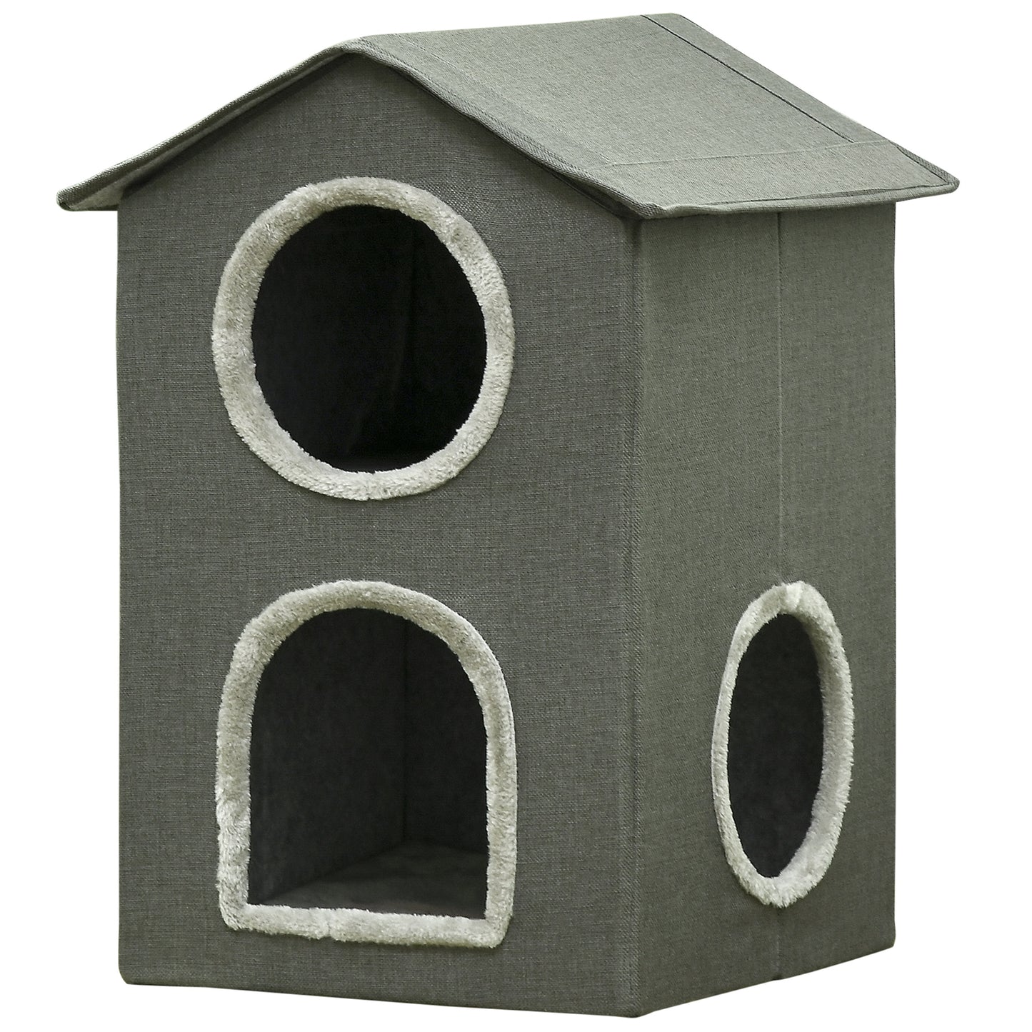 PawHut Casa para Gatos Cama para Gatos Cueva para Gatos con 3 Puertas y Cojín Lavable 42x46x59,5 cm Gris