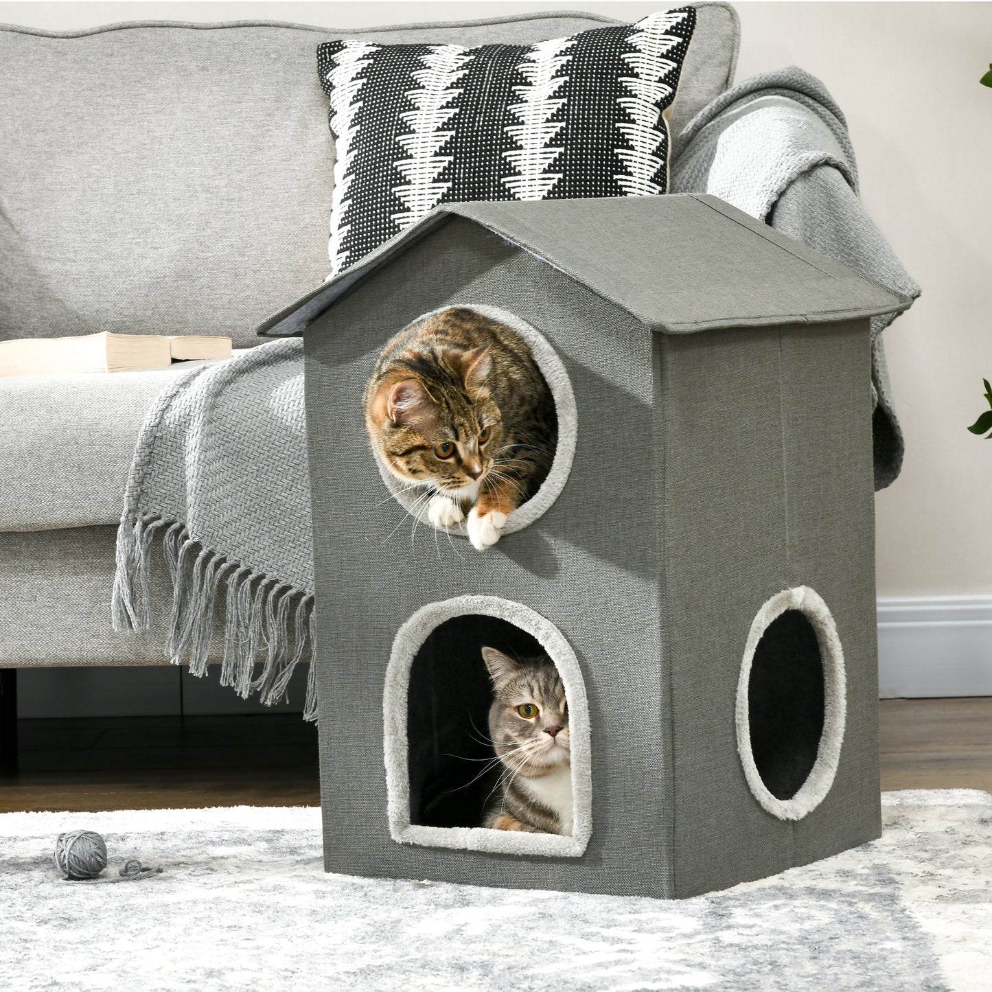 PawHut Casa para Gatos Cama para Gatos Cueva para Gatos con 3 Puertas y Cojín Lavable 42x46x59,5 cm Gris