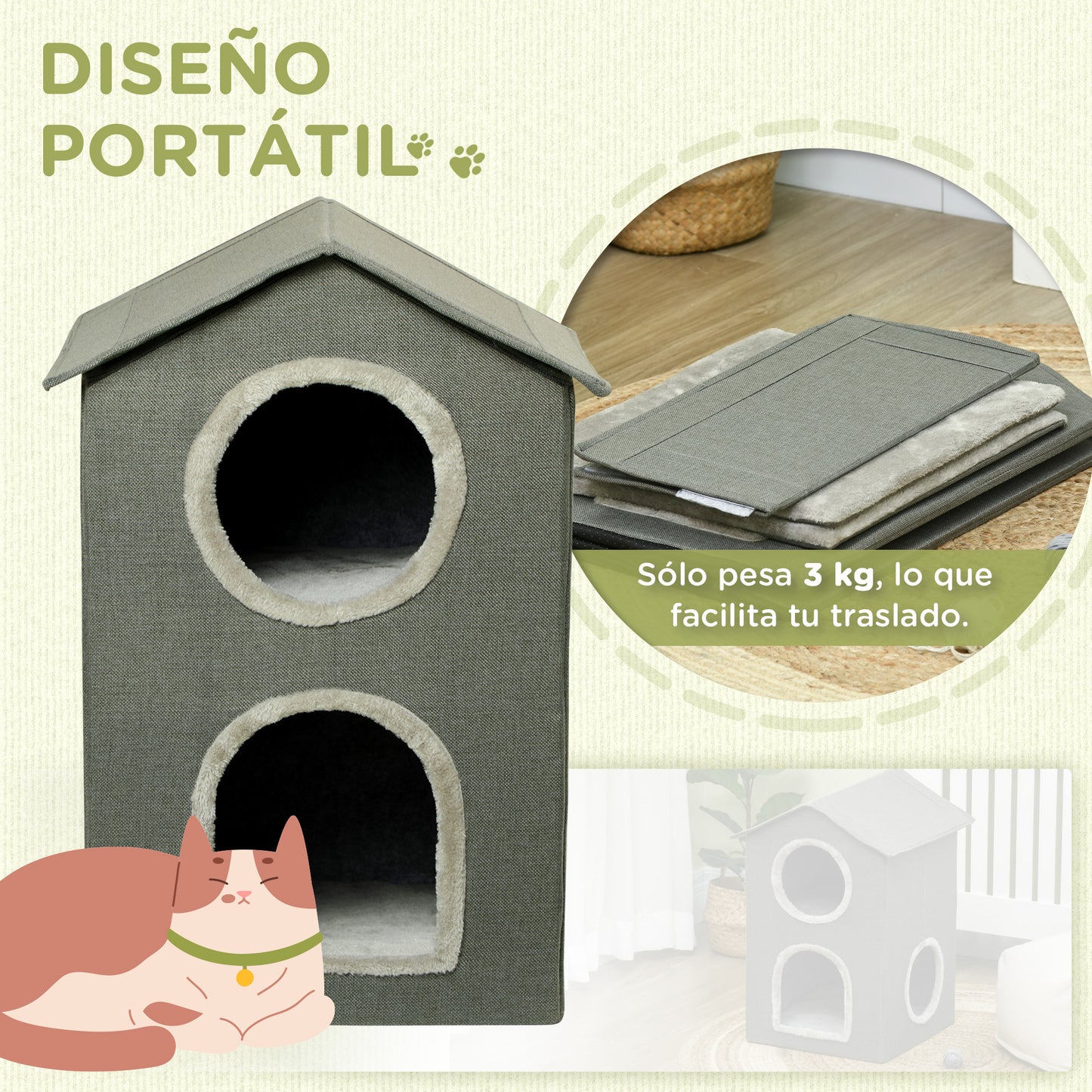 PawHut Casa para Gatos Cama para Gatos Cueva para Gatos con 3 Puertas y Cojín Lavable 42x46x59,5 cm Gris