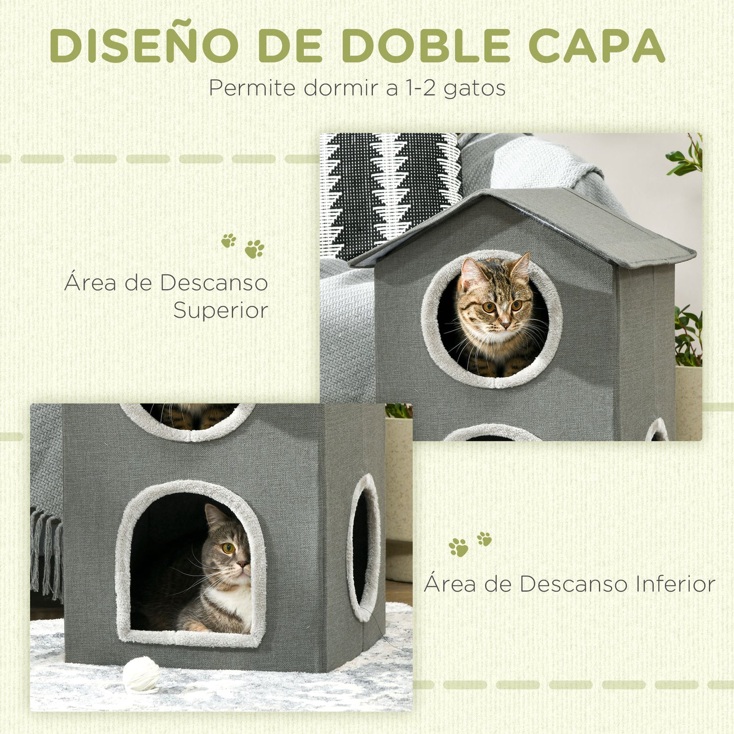 PawHut Casa para Gatos Cama para Gatos Cueva para Gatos con 3 Puertas y Cojín Lavable 42x46x59,5 cm Gris