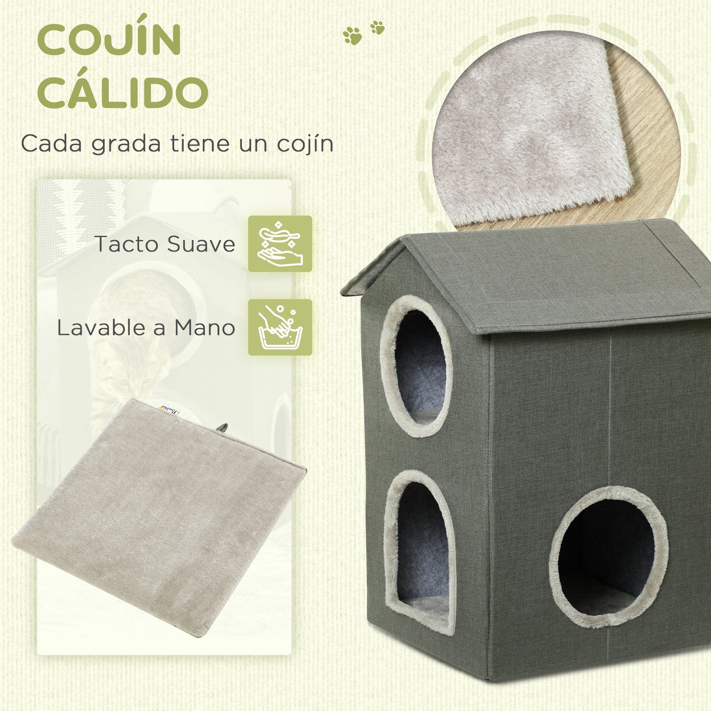 PawHut Casa para Gatos Cama para Gatos Cueva para Gatos con 3 Puertas y Cojín Lavable 42x46x59,5 cm Gris